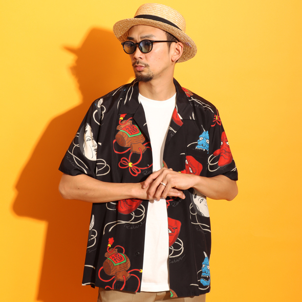 Japanese Mask Textile Aloha Shirt | ROTAR | ローター